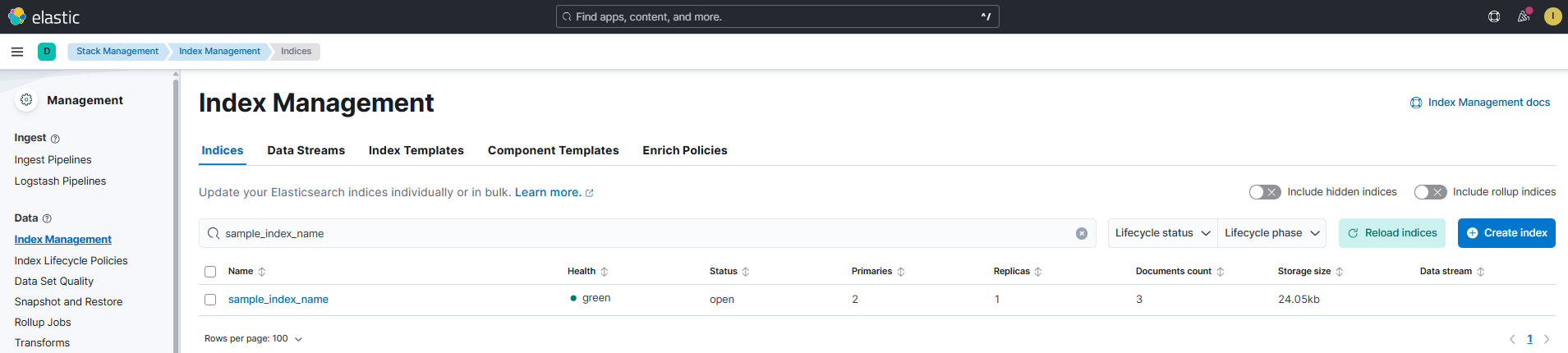 Index Managementのインデックス一覧