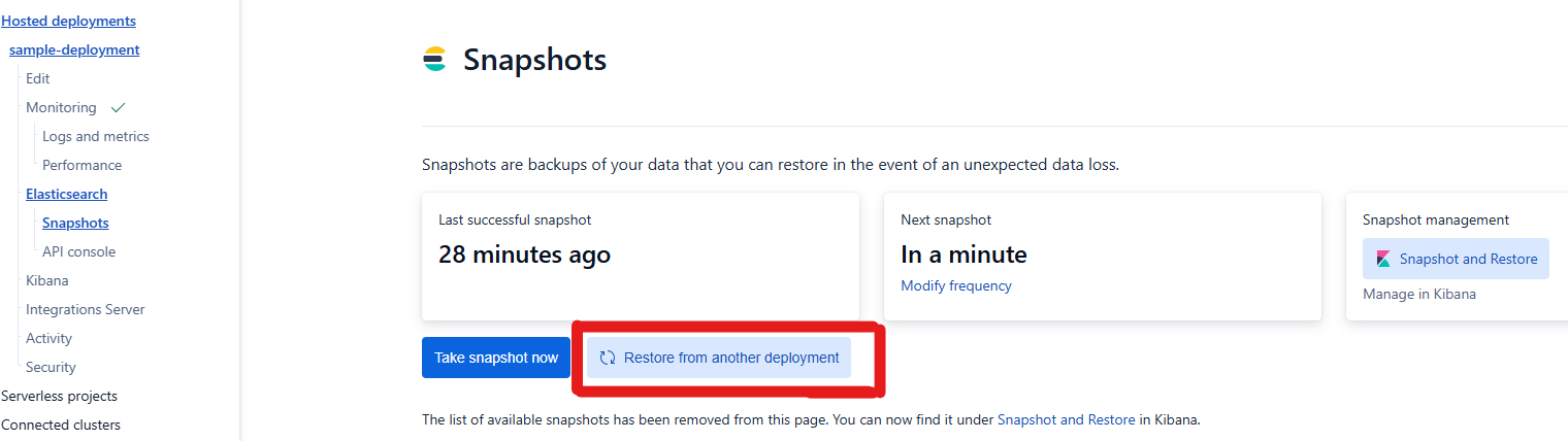 Elastic CloudのSnapshotの画面