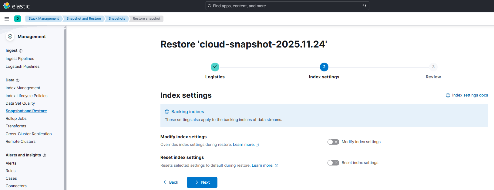Restore時の設定画面2ページ目