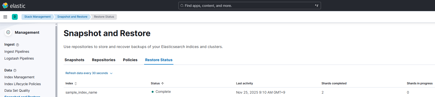 Snapshot and RestoreのRestore Status画面