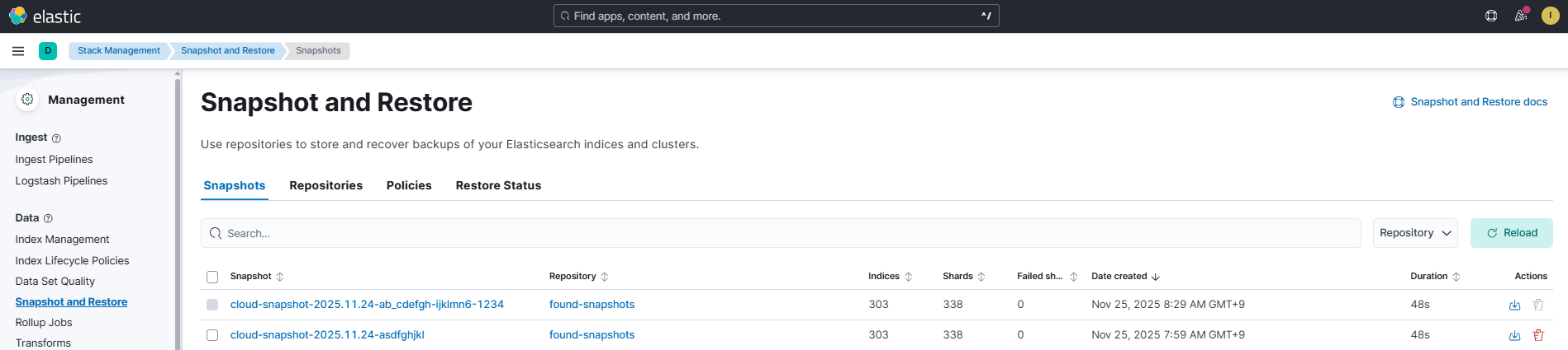 Snapshot and Restoreのスナップショット一覧